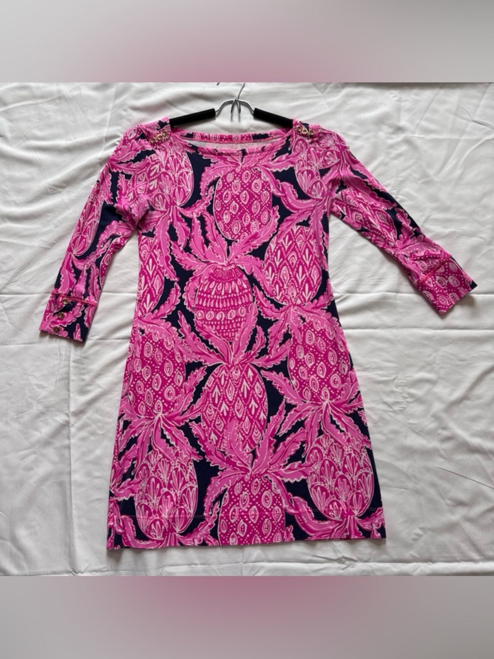Lilly Pulitzer Pink & Navy, XS, Coco Safari Pineapple Sheath Dress, 3/4 Sleeve
